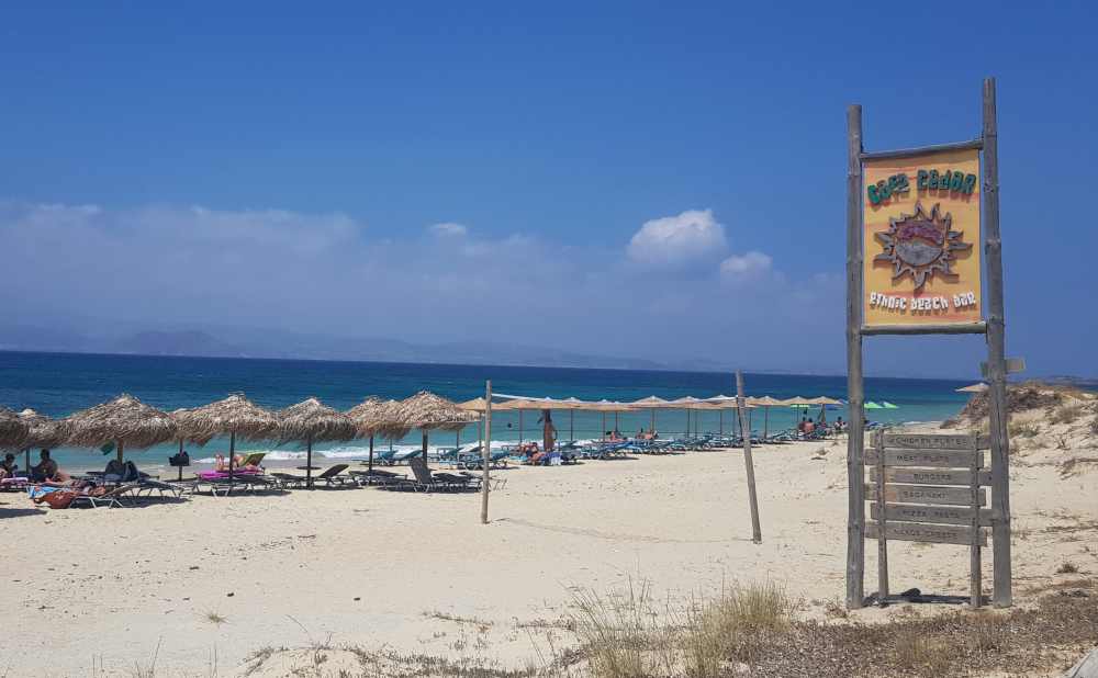Naxos Greece: Travel Guide 2023 26 Phot of Plaka beach with its umbrellas and sun loungers, Naxos, Greece